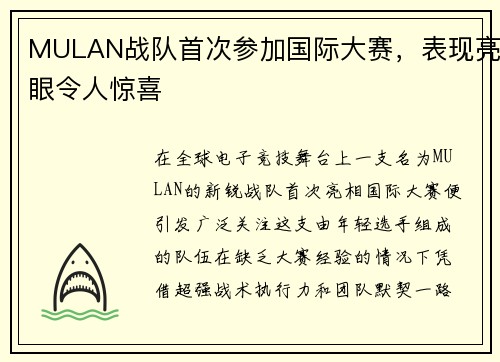 MULAN战队首次参加国际大赛，表现亮眼令人惊喜